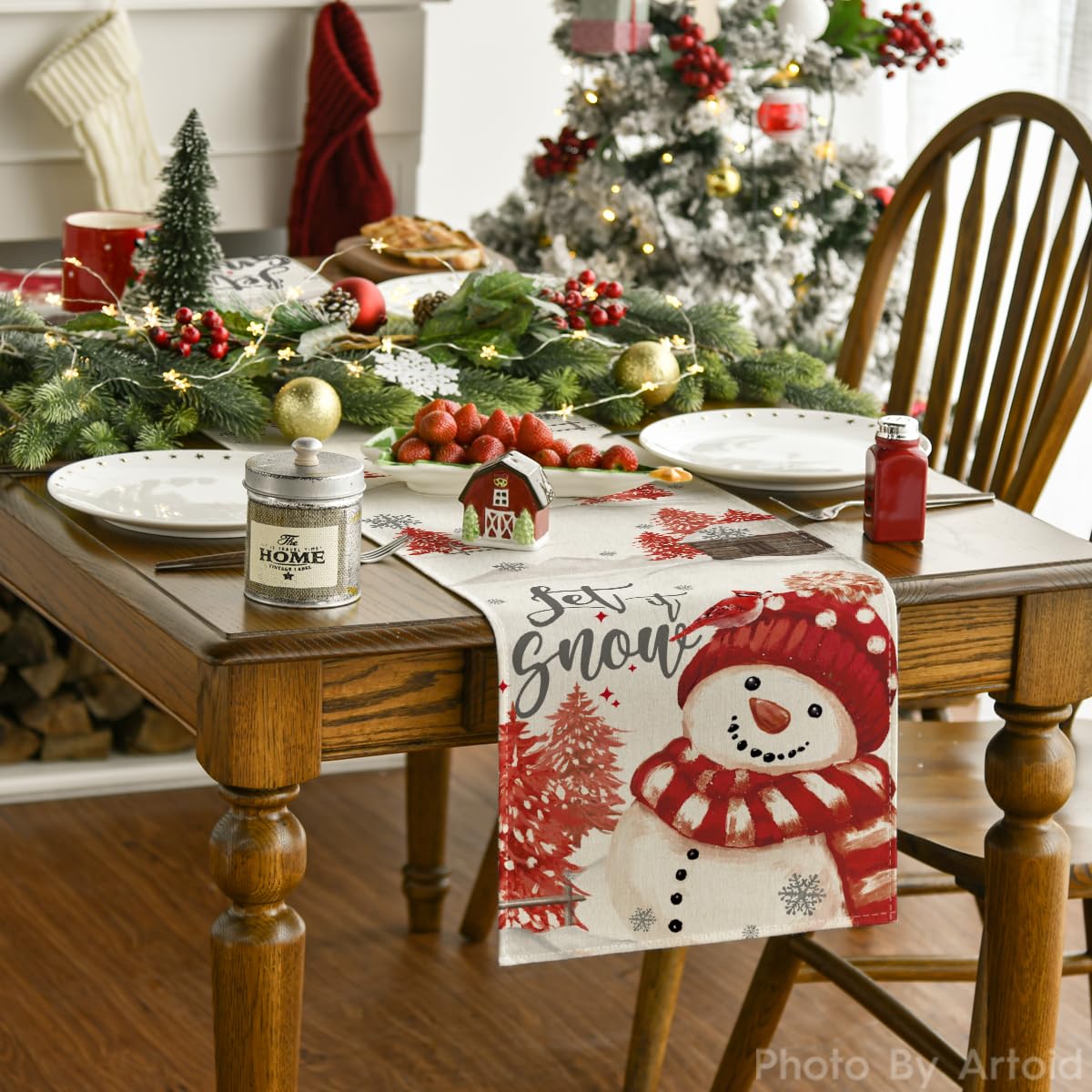 Artoid Mode Xmas Trees Let It Snow Red Snowman Christmas Table Runner, Seasonal Winter Holiday Kitchen Dining Table Decoration for Home Party Decor 13x72 Inch