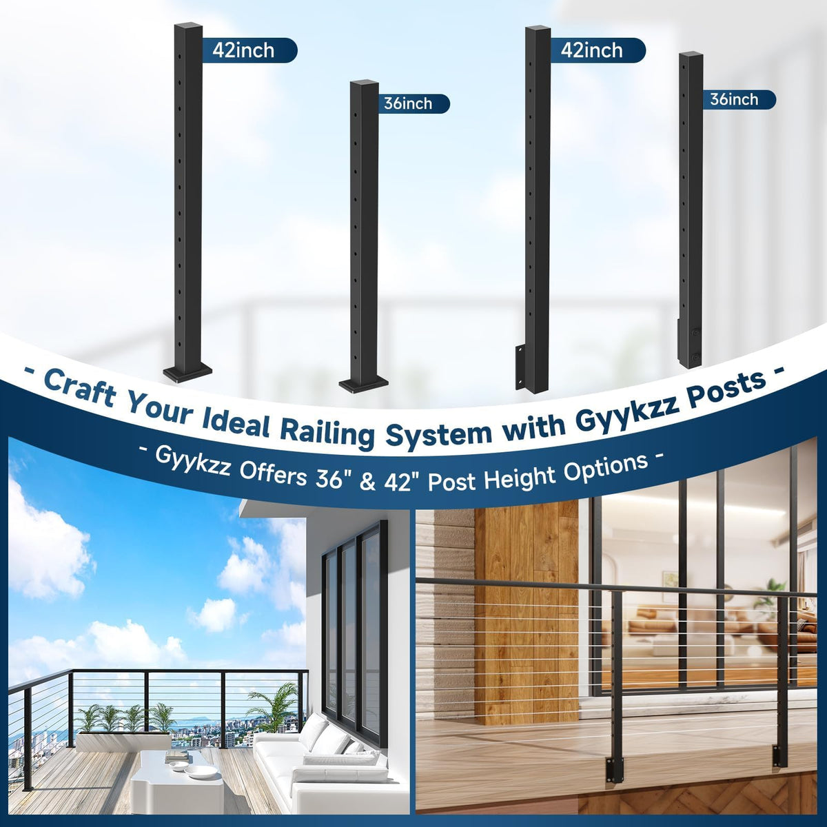 Gyykzz 5FT Black Handrail with POM Connector, 2 Pack Stainless Steel T304 Rectangular Cable Railing Handrail Flat Deck Top Rail with Metal End Caps for Indoor Outdoor Deck Stair Cable Railing System