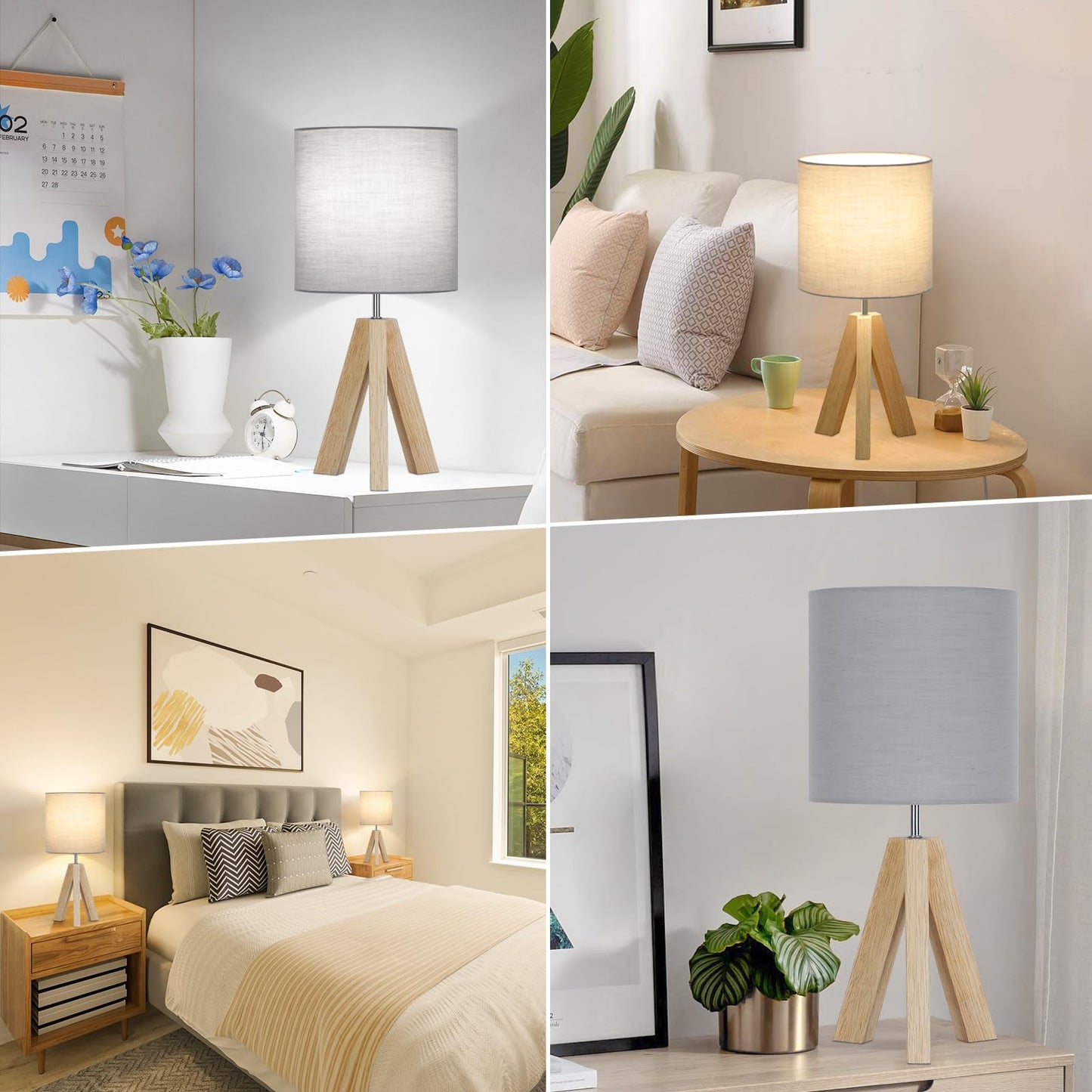 Brightever Small Bedside Table Lamp, Wooden Tripod Modern Table Lamp with Grey Linen Fabric Shade, Farmhouse Nightstand Lamp for Living Room, Bedroom, Home, Nursery, Office