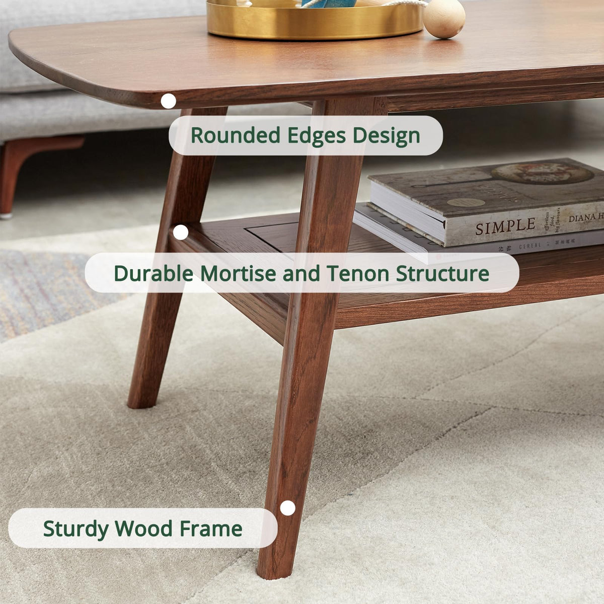 Bamskov Mid Century Modern Coffee Table: 100% Solid Wood Coffee Table - 2-Tier Storage Design - Space Saving Small Coffee Tables for Living Room, Apartment (Walnut, 31.49")