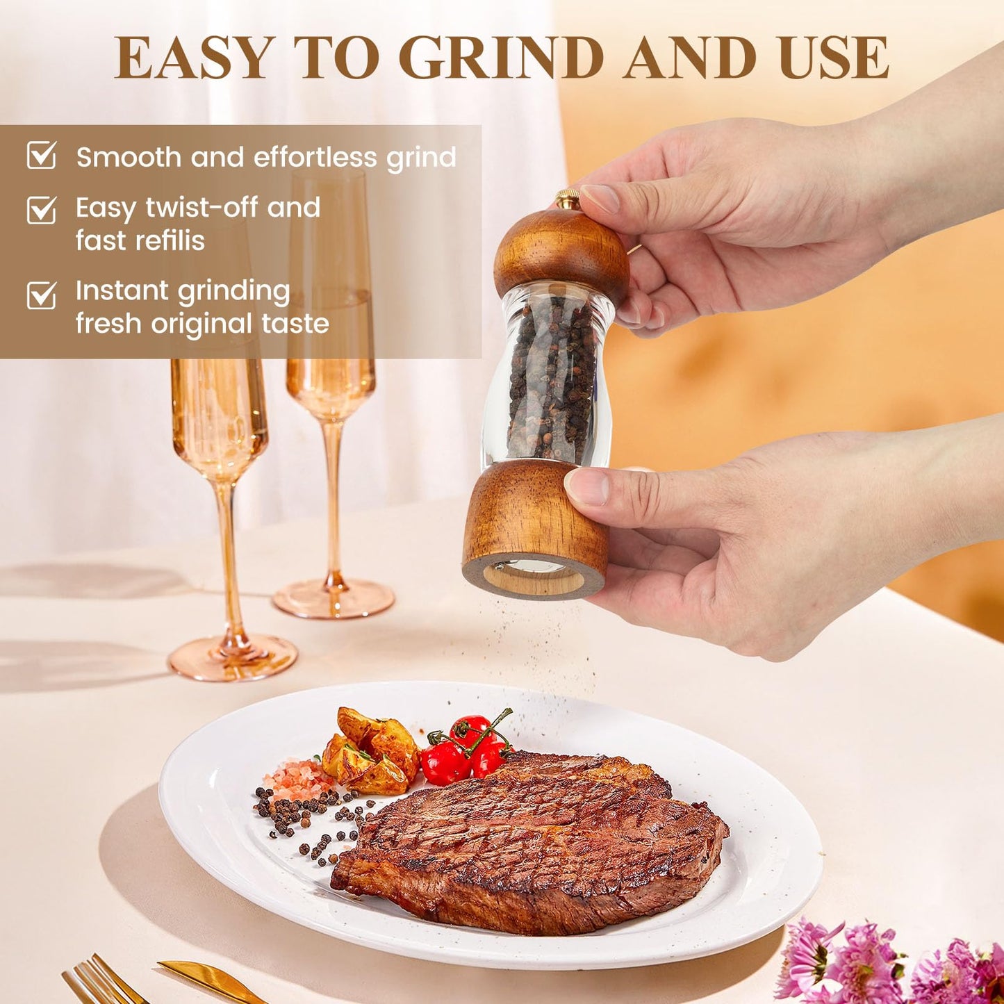 Wood Salt and Pepper Grinder, Manual Salt Grinder and Pepper Mill Refillable, Wooden Shakers with Adjustable Ceramic Grinders - 6 inches, 2 Pack