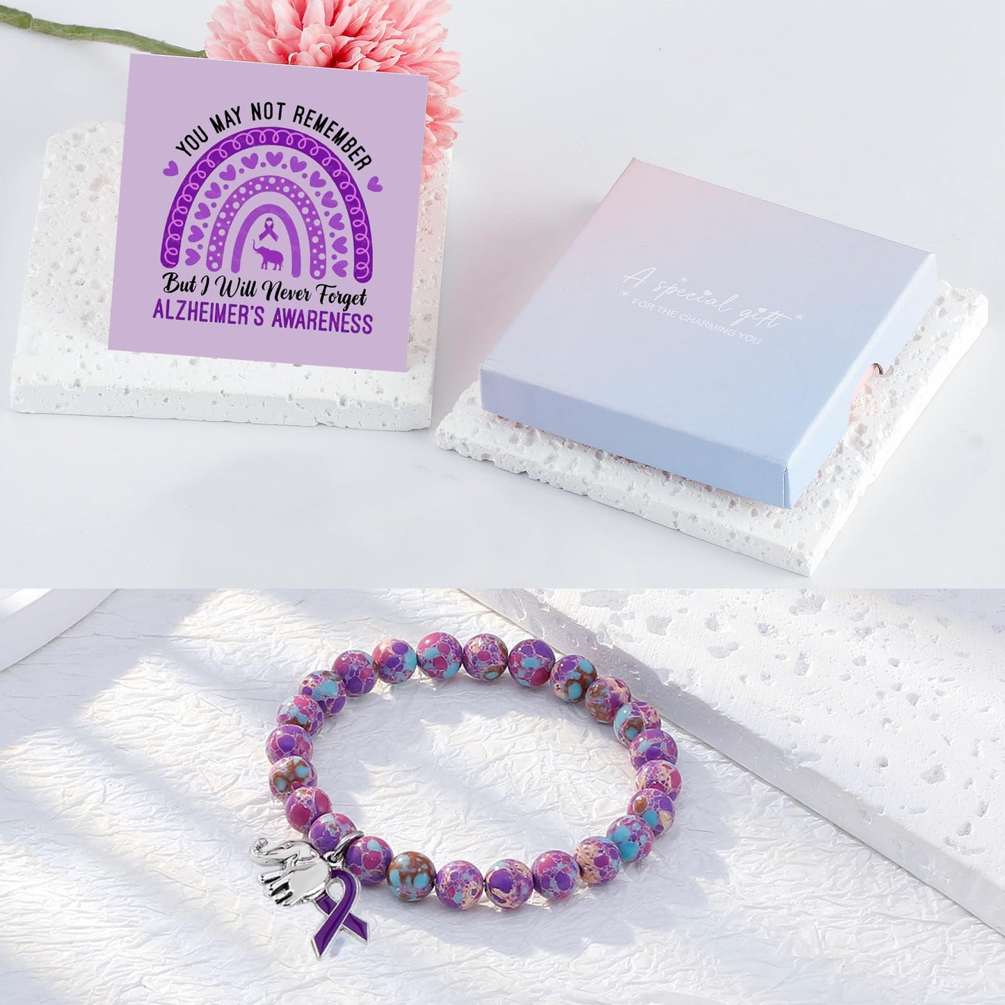 ARHTF Elephant Alzheimers Awareness Bracelet Purple Ribbon Awareness Alzheimers Bracelet Support Alzheimers Family Gifts For Dementia Support (pinkblue)