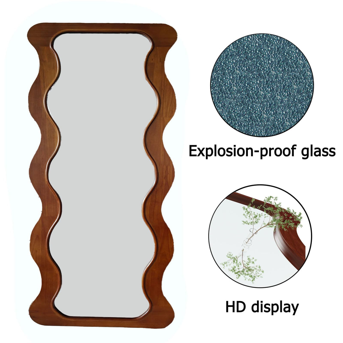 OUSIMY 65" x 24" Wavy Full Length Mirror Wood Framed, Hanging or Leaning for Bedroom Dressing Living Room