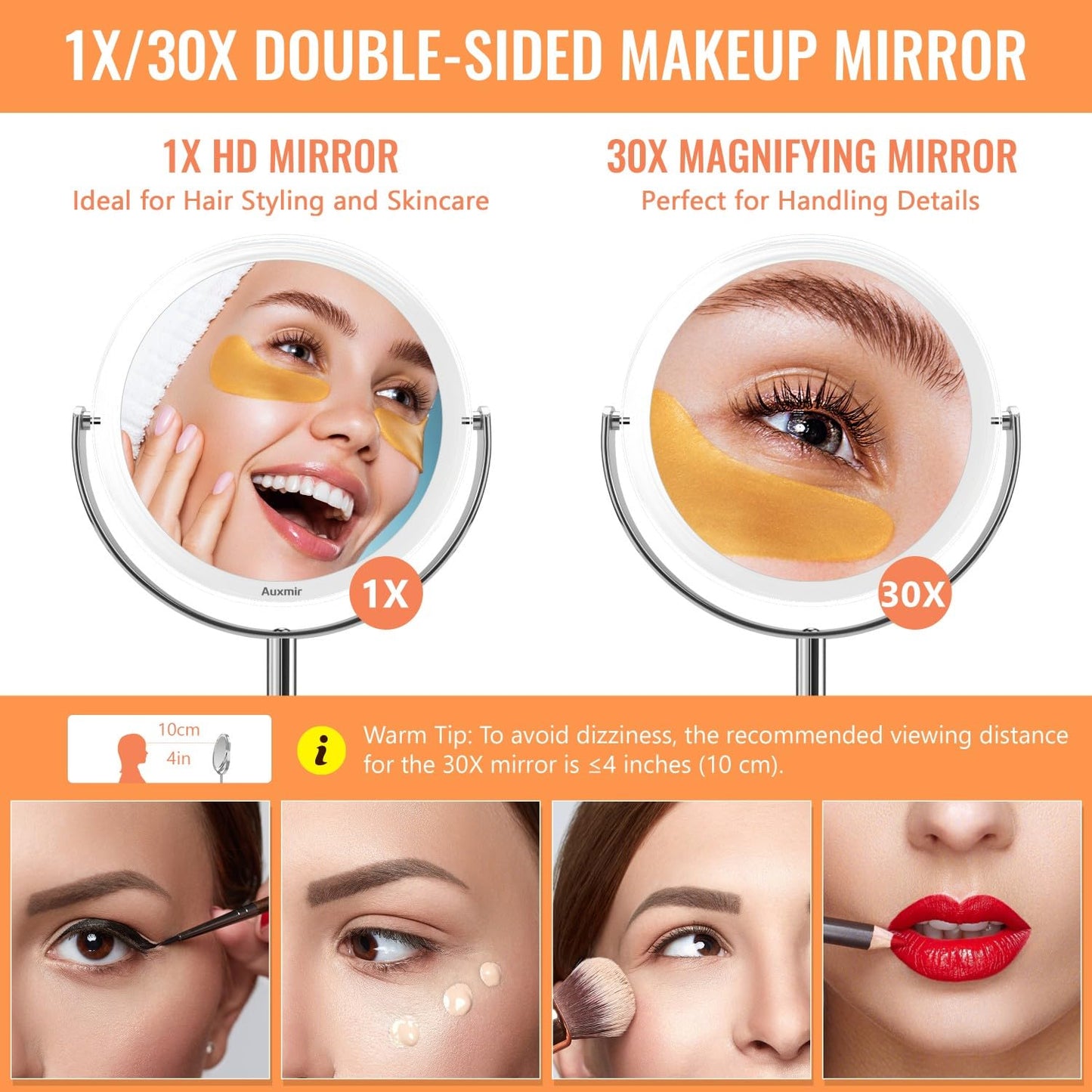 Auxmir 30X Magnifying Mirror with Tweezers, Double Sided 30X/1X Magnifying Makeup Mirror with Stand, 360Β° Rotation Bathroom Vanity Mirrors for Shaving, Dressing Table, Desktop, Bedroom