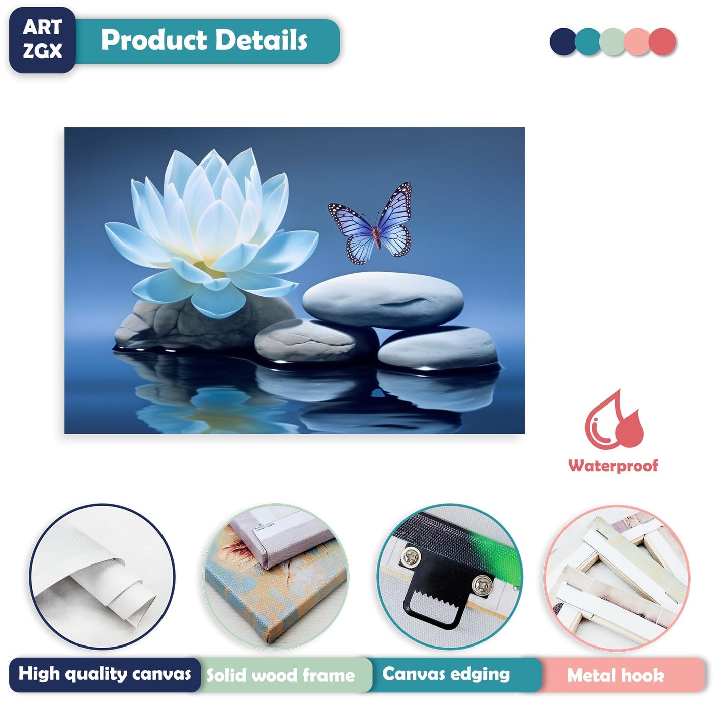 ARTZGX Blue Zen Wall Art Lotus Flower Canvas Spa Stone Pictures for Bathroom Wall Decor Meditation Butterfly Painting Frame(Zen - A 12.00" x 18.00")