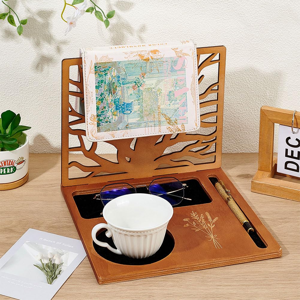 BENECREAT Wood Book Holder Stand, Multifunctional Book Nook Organizer with Cup, Glasses, Pen & Phone Holder for Nightstand Desktop Christmas Birthday Gifts