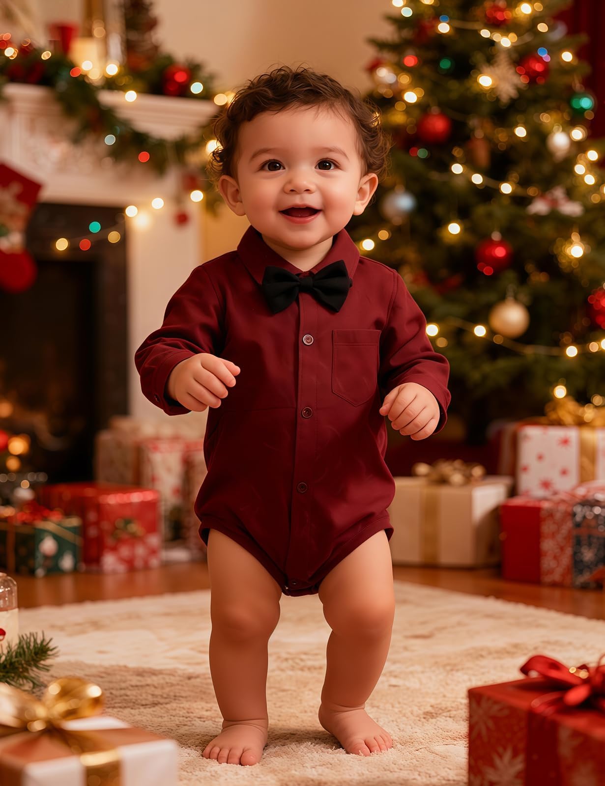 A&J DESIGN Wine Red Baby Boy Dress Shirt Infant Formal Christmas Wedding Romper Gentleman Long Sleeve One Piece Bodysuit with Bowtie 6-9 Months Burgundy