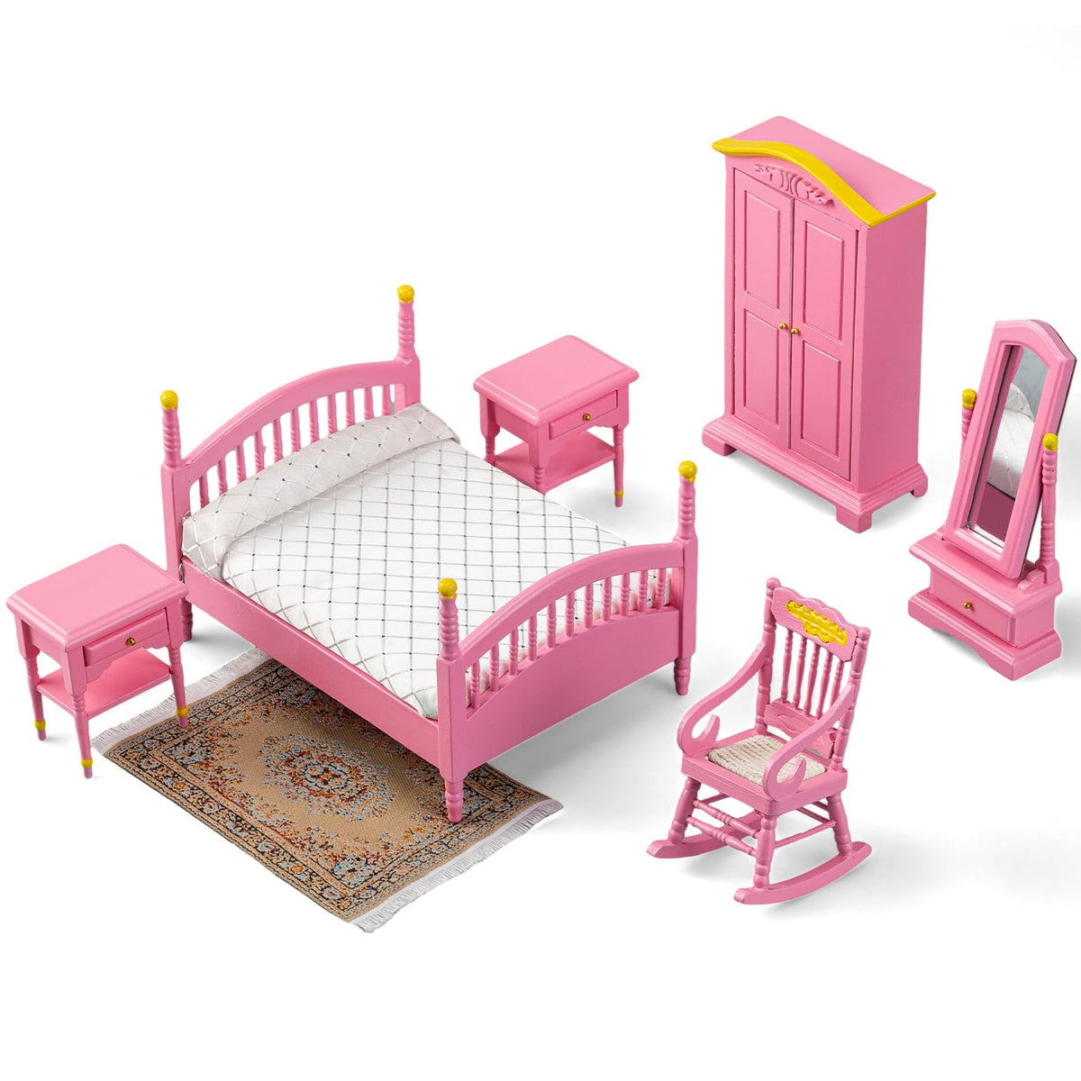 Skylety 7 Pcs Wooden Dollhouse Furniture Set 1: 12 Scale Victorian Dollhouse Bedroom Furniture, Bed Dressing Table Wardrobe Carpet for Adults Toys Miniature Doll House Accessories(Pink,Bright)