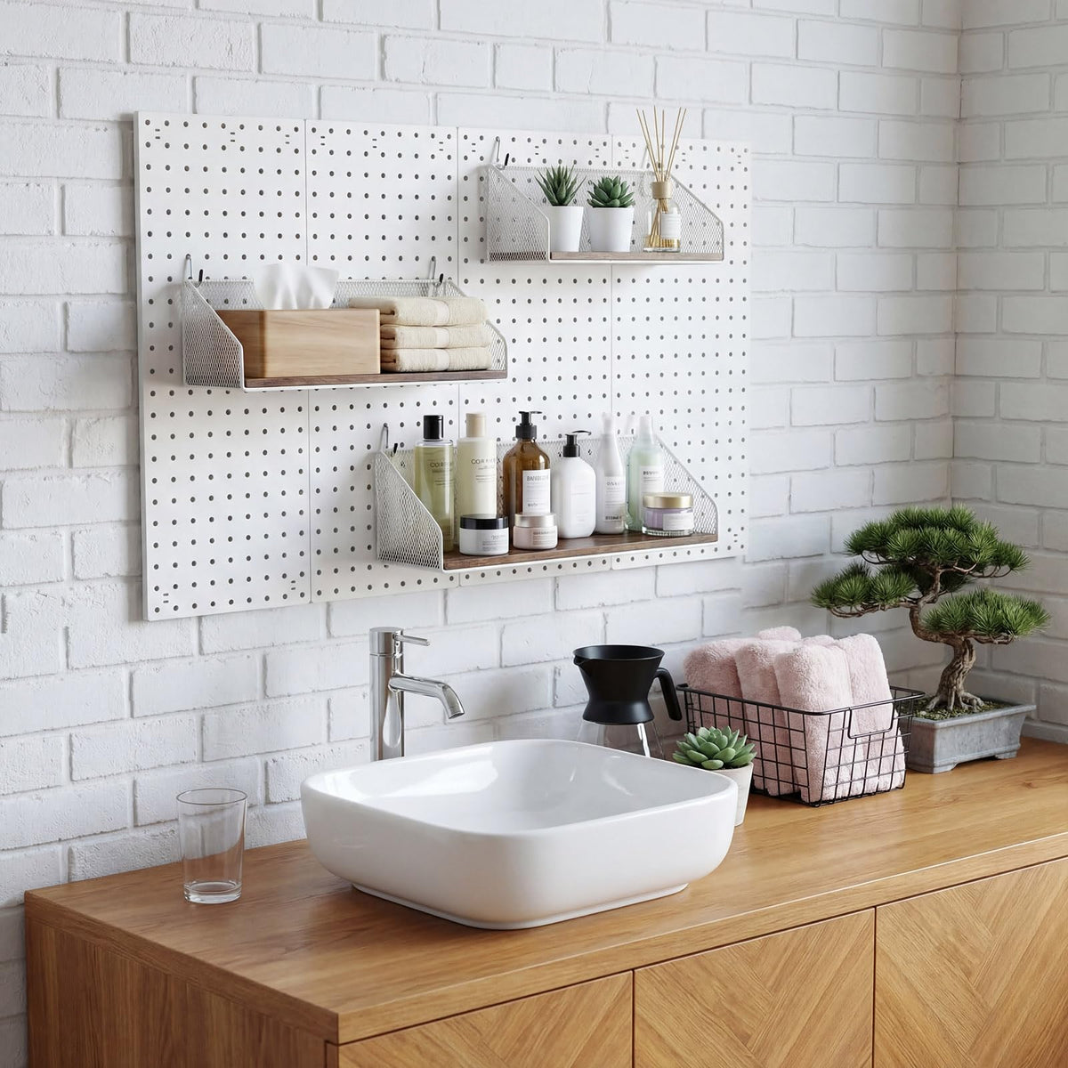 Ferrochef 3 Pack Pegboard Shelves with Hooks, Wall Mounted Grid Shelves, Pegboard Organizer Bins with Wooden Base, Heavy Duty Peg Board Storage Accessories for Kitchen, Bathroom, Garage, Office(White)
