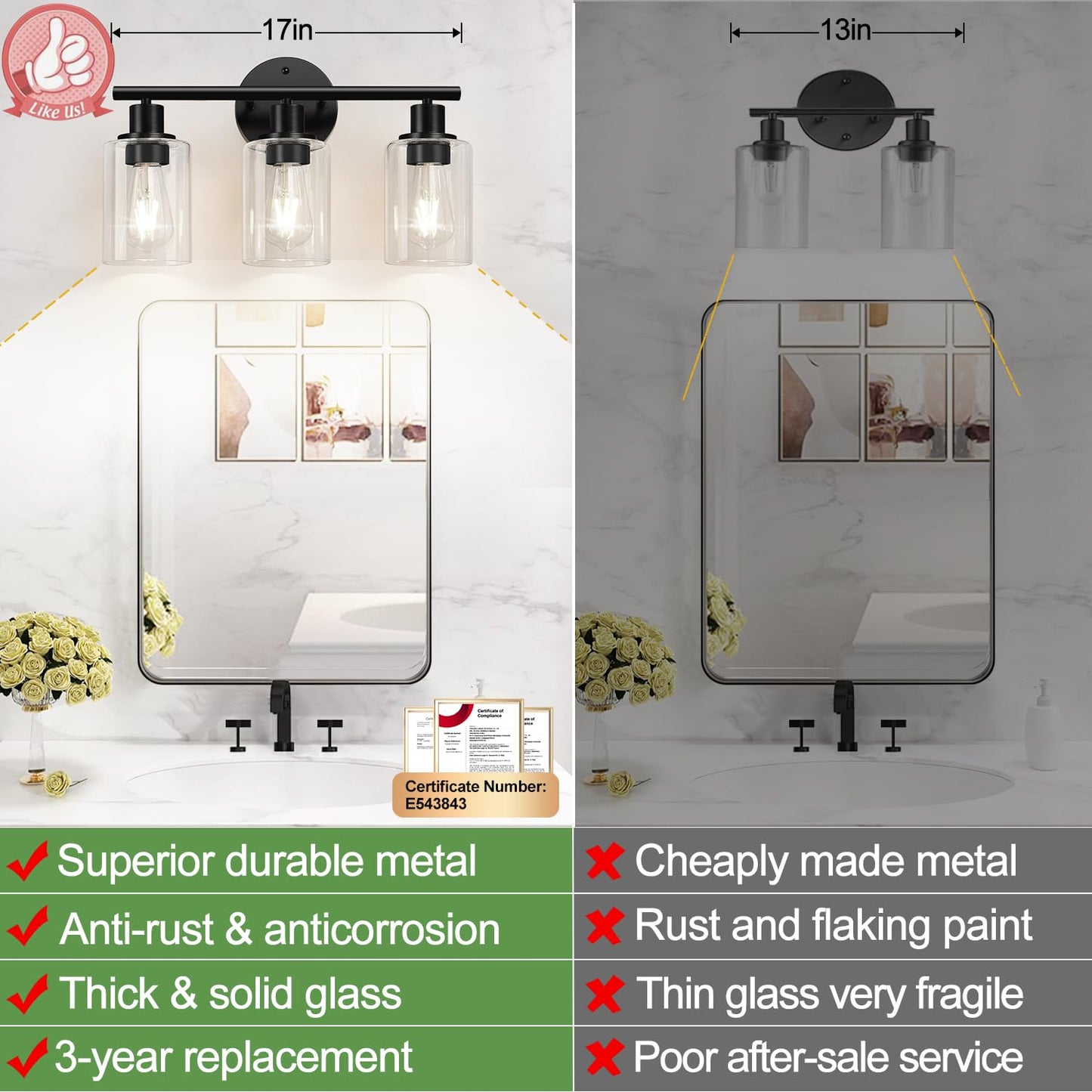 ZASTION 3-Light Bathroom Light Fixtures, Black Bathroom Wall Lights, Modern Bathroom Vanity Light with Clear Glass Shade, Bathroom Wall Lamp for Mirror Kitchen Bedroom Living Room