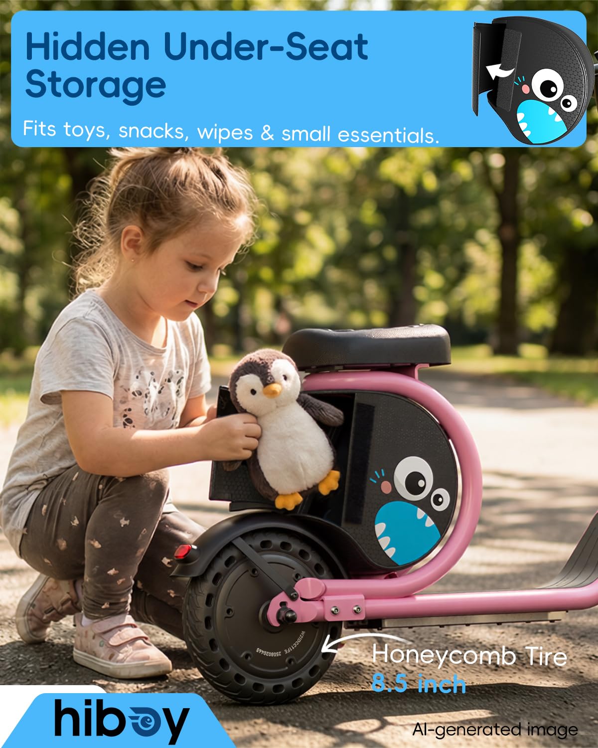 Hiboy JoyHaul Electric Scooter for Kids, Ages 4-10 – LED Neon Lights, 100W Brushless Motor, 56.16Wh Battery, Under-Seat Storage & Safety Brake, Blue