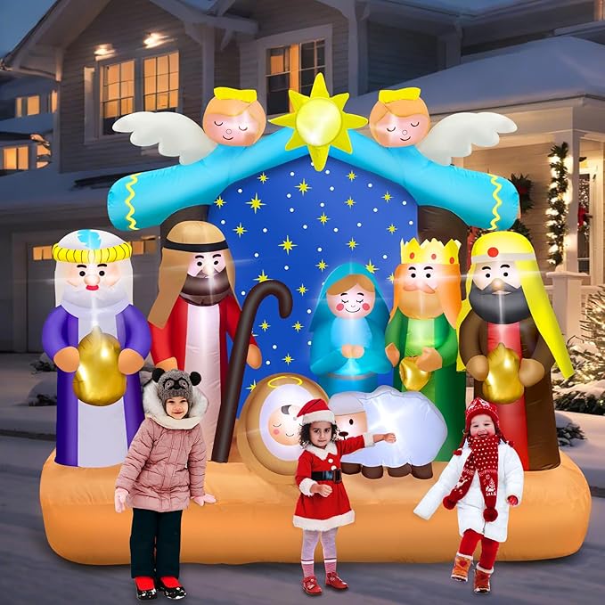 6.8 FT Christmas Inflatable Nativity Scene Outdoor with Build-in LED Lights, Large Christian Inflatables Decor Nativity Blow Up with Star Decoration for Indoor, Outdoor Holiday Garden Lawn