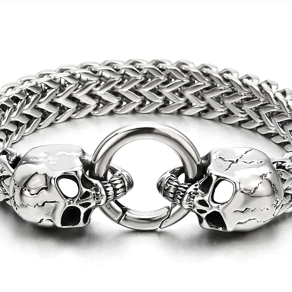 COOLSTEELANDBEYOND Gothic Mens Stainless Steel Skull Franco Link Curb Chain Bracelet with Spring Ring Clasp 8.5 Inches