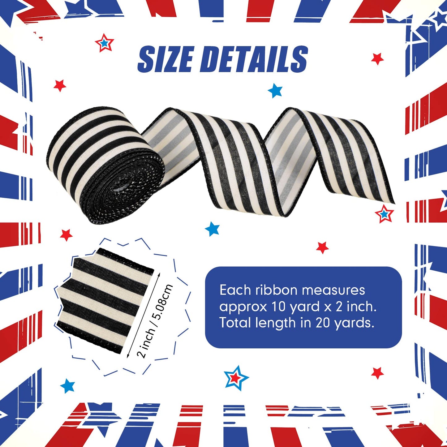 Moukeren 2 Rolls Black and Cream White Stripe Wired Edge Ribbon Halloween Rustic Ivory Boho Black and White Ribbon for Christmas Party Gift Wrapping Bow DIY Craft Home Decor(2 Inch, 20 Yard)