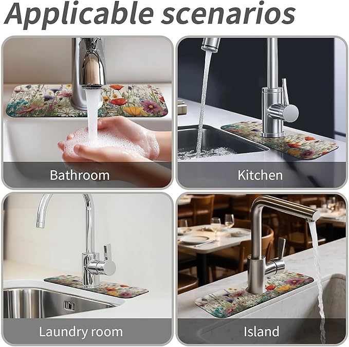 Kitchen Sink Splash Guard,wildflowers-in the meadow Faucet Mat Sink
