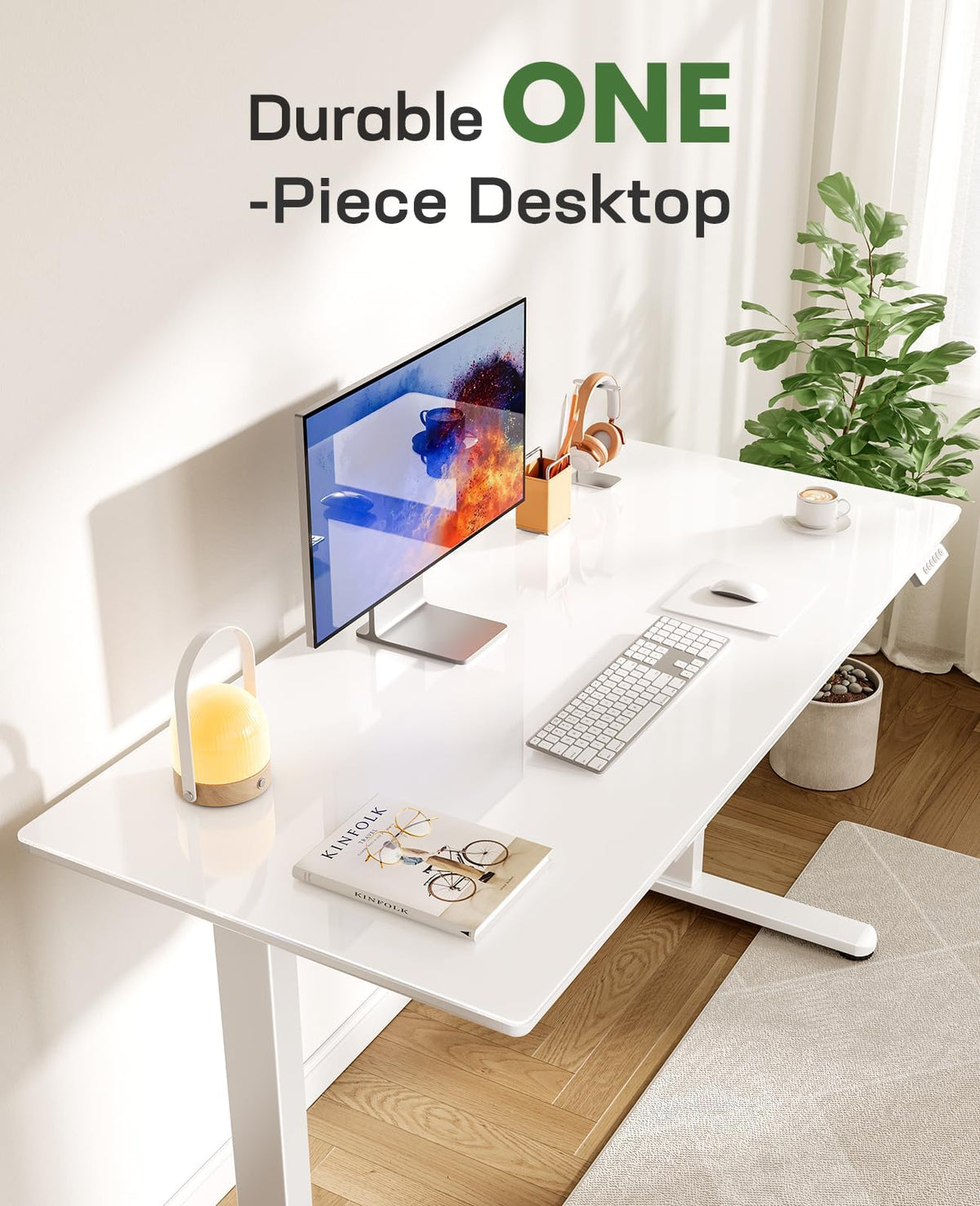 Marsail Glass Electric Standing Desk with Drawer, 40 x 24 Inches Height-Adjustable Desk, One-Piece Tempered Glass Top, Ergonomic Home Office Sit Stand Desk with 4 Preset Heights, White