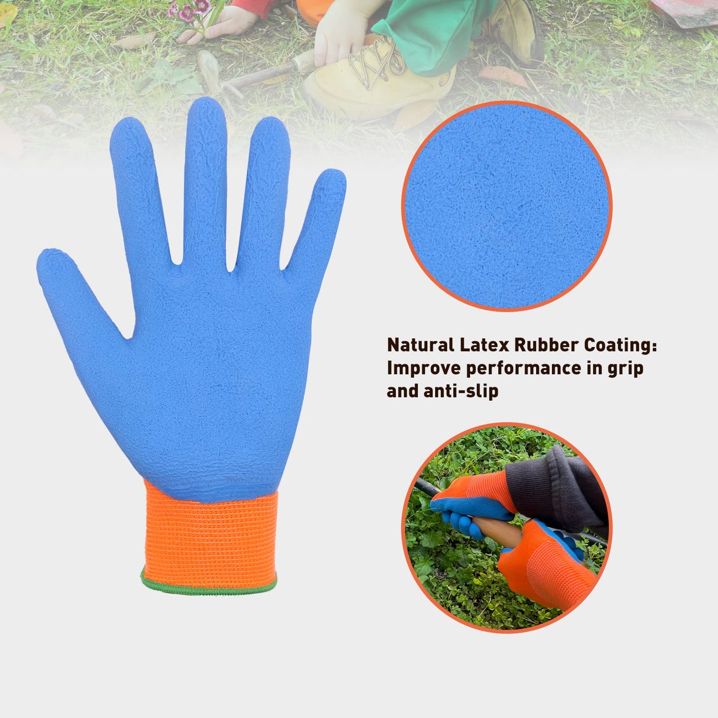 HANDLANDY 2 Pairs Kids Gardening Gloves for Age 2-13, Foam Rubber Coated Childrens Garden Yard Work Outdoor Playing Gloves for Little Girls Boys (Size 3, Age 4-5)
