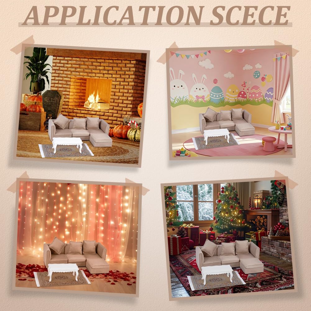 ORIGACH 3 PCS Dollhouse Furnitures Miniature Sectional Couch Set with Coffee Table and Carpet, Wooden Dollhouse Furniture Set, 1/12 Scale Living Room Furniture Accessory for Décor