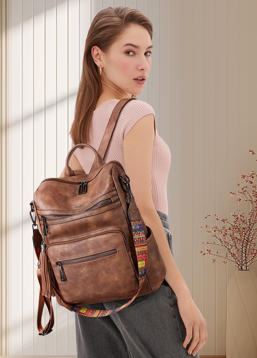Shrrie Backpack Purse for Women Leather Backpack Fashion Designer Convertible Shoulder Bag