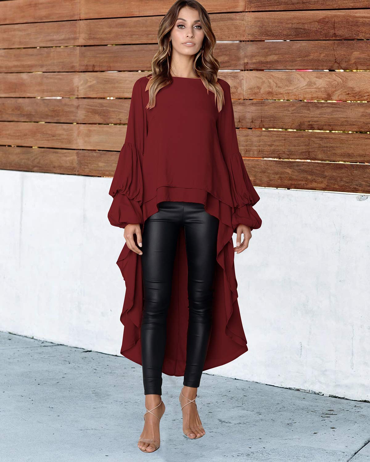 PRETTYGARDEN Women's Lantern Long Sleeve Round Neck High Low Asymmetrical Irregular Hem Casual Tops Blouse Shirt Dress (Wine Red,Large)