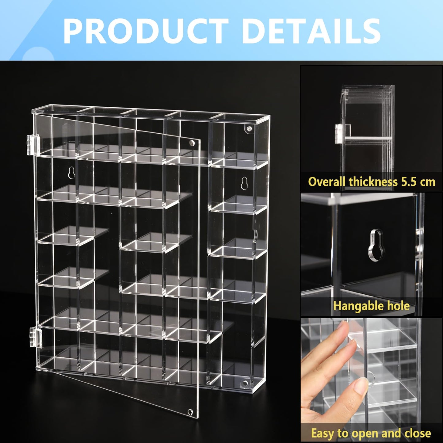 REZBLEATH 30 Grid Acrylic Clear Display Case Adjustable Crystal Display Shelf Rock Collection Box for Storage Crystals Stones and More, Wall Mounted Transparent Rock Display Box with Magnetic Lid