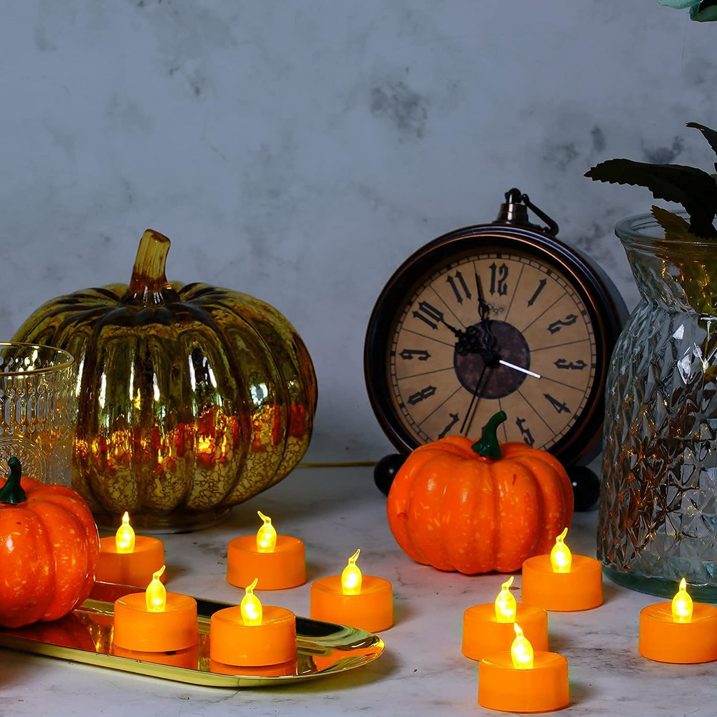 Halloween 24 Pack Orange Tea Light Candles, Battery Operated LED Tealights, Small Pumpkins Lights with Warm White Bulb, Flameless, Electric Fake Tea Candles Realistic for Halloween, Pumpkin Lanterns