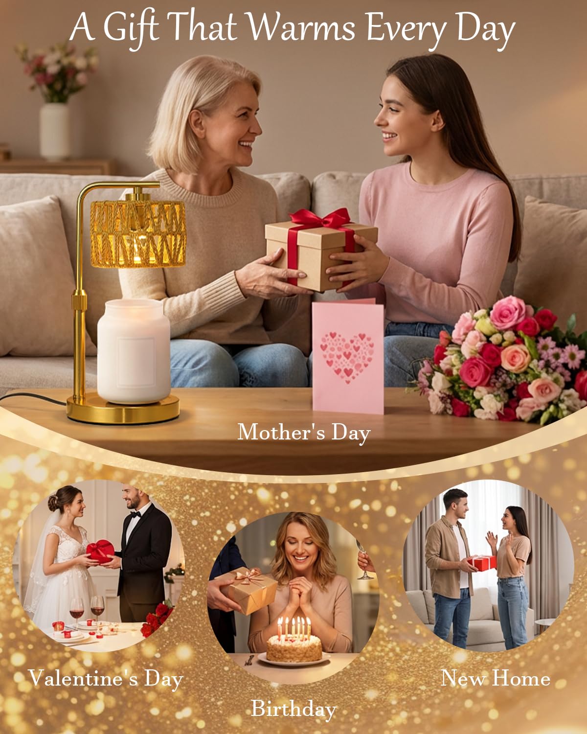 Candle Warmer Lamp with Timer, Dimmable Candle Warmer for Jar Candles, Height Adjustable Candle Lamp Warmer, Boho Rattan Lampshade and 2 Bulbs, Gift for Home Room Decor, Gifts for Women Mom (Gold)