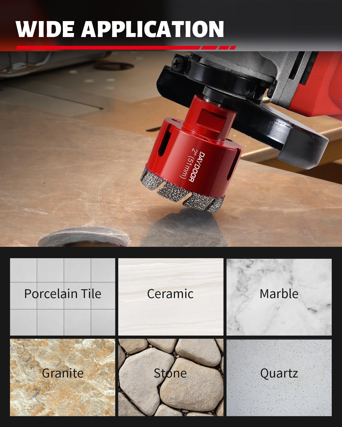 DAYDOOR Diamond Hole Saw Kit, 11-PieceTile Hole Saw Kit 1/4" 5/16" 4/5" 1" 1-3/8" 2" 2-1/2" 4",Vacuum Brazed Core Drill Bits for Porcelain Tile, Granite, Marble, Stone(Red)