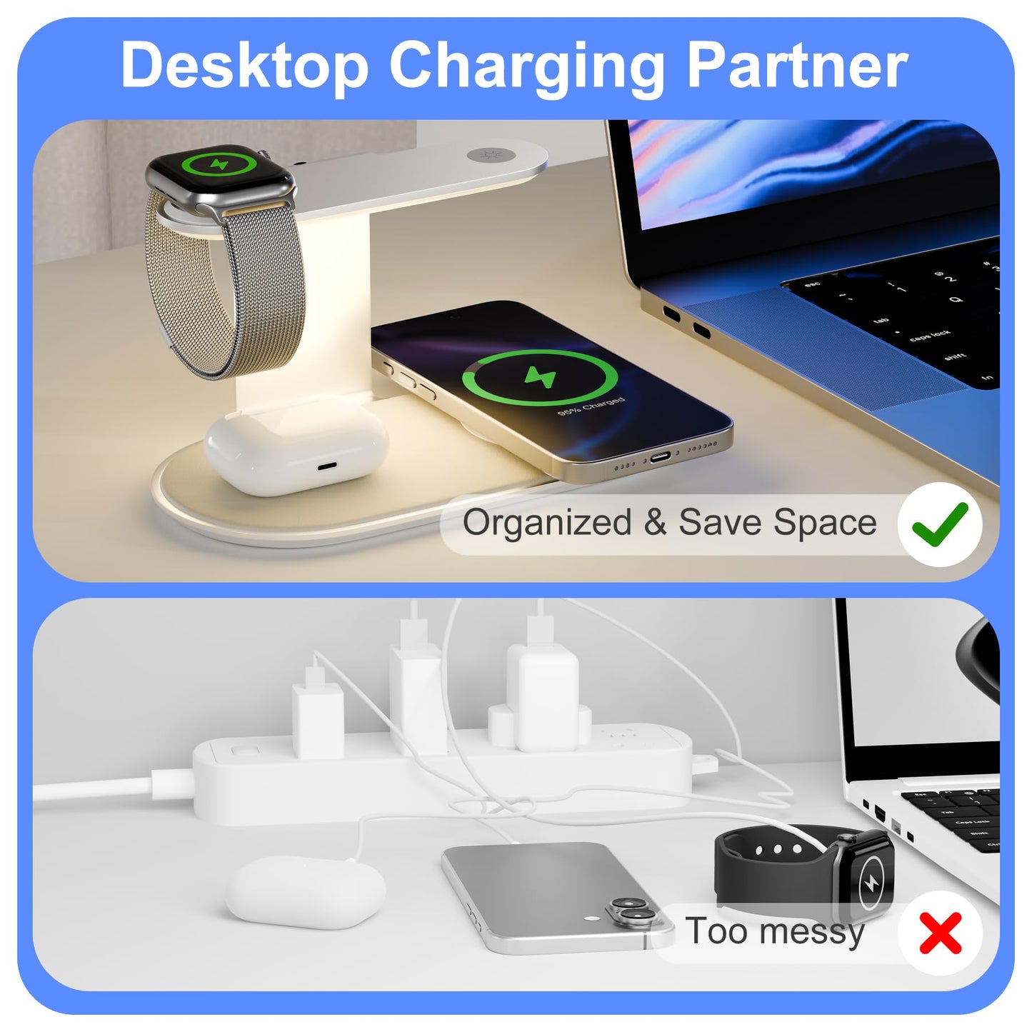 4-in-1 for Magsafe Wireless Charging: 15W Qi Magnetic Fast Charger Station Pad with Night Light for iPhone 17 16 15 14 13 12 Pro Max-for Apple Watch and AirPods Series-Desk Nightstand Bedside, Silver
