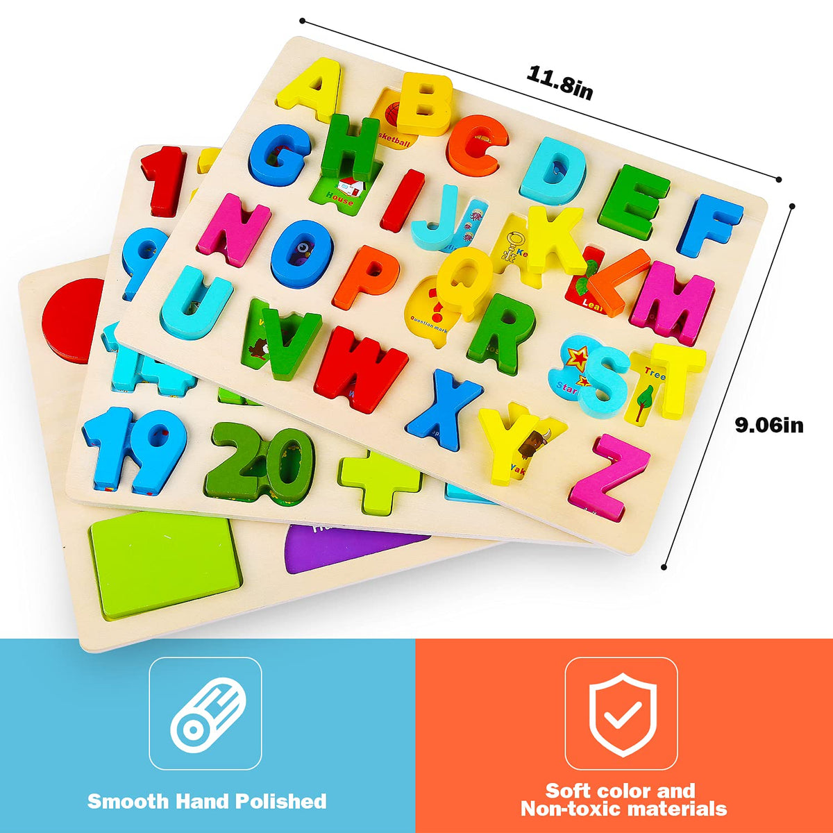Wooden Puzzles for Toddlers, Voamuw Alphabet Number Shape Learning Puzzle for Kids Ages 3 4 5, Montessori Toys Preschool Education Chunky Jigsaw for Boys and Girls