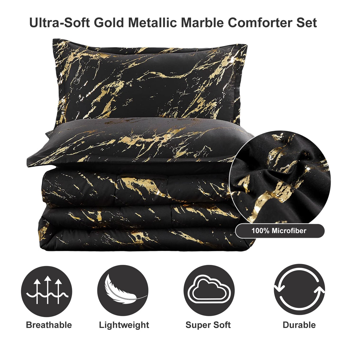 WONGS BEDDING Black Gold Metallic Marble Comforter Set Queen Foil Print Glitter Bedding Sets with 2 Pillowcases for All Seasons, Soft Microfiber Filling Bedding Duvet Set 90"x90"