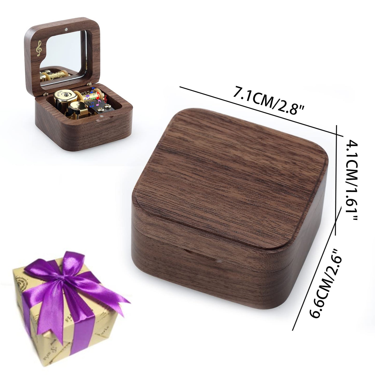 JYmusic Wooden Wind-up Music Box Natural Walnut Square Note Music Box, Birthday Mother's Day Children's Day Christmas Gift ( Tune: You Are My Sunshine )