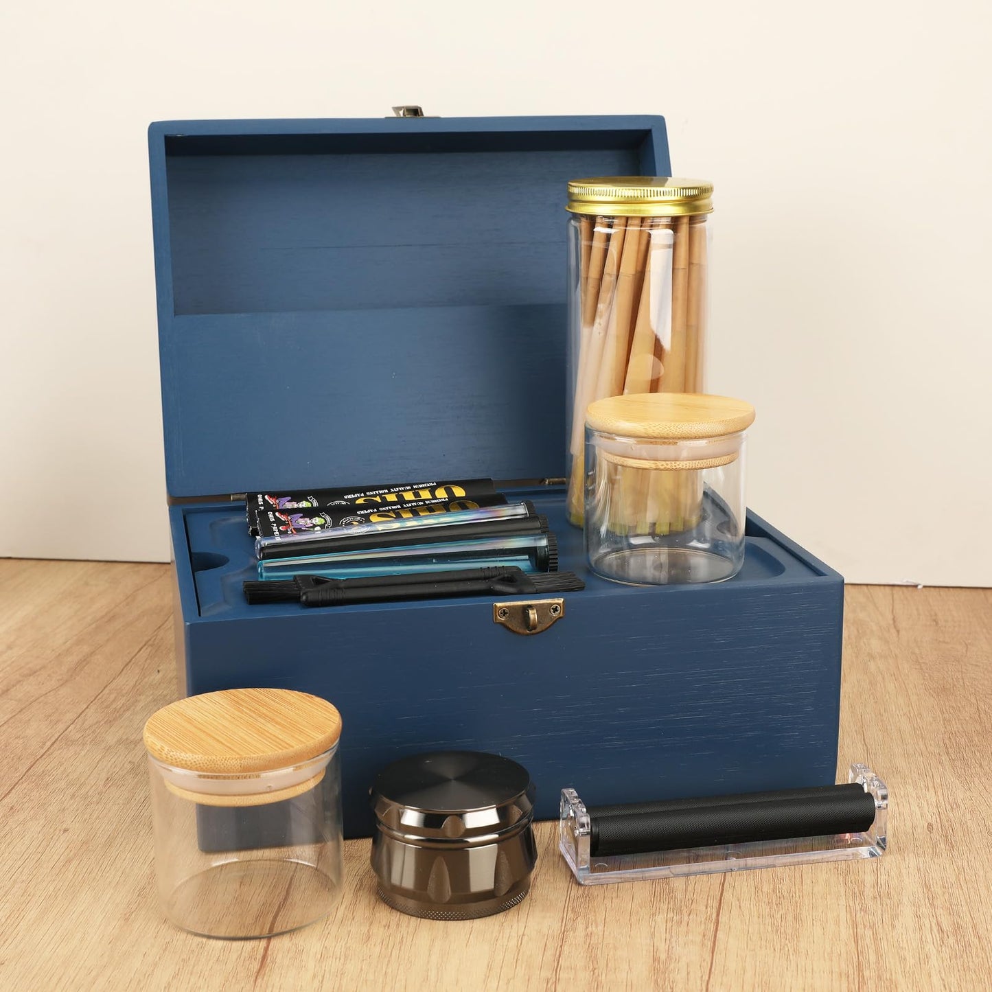 Coozyupper Large Bamboo Storage Box with Removable Tray Kit - Decorative Box Set, Glass Jars, and Accessories Wooden Storage Kit and Accessories Tool.Birthday Gifts