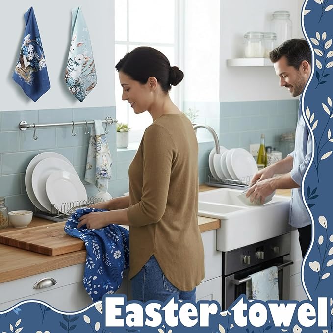 Breling Set of 6 Easter Decorations Easter Kitchen Towels Blue Rabbits Bunny