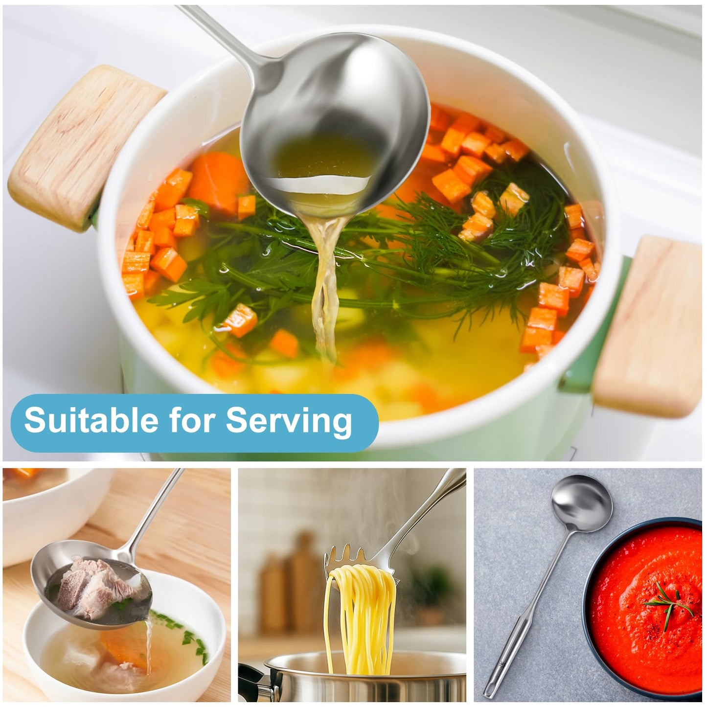 Soup Ladle - 18/10 Stainless Steel Ladle Spoon,13.8" Large Durable Metal Ladel for Serving or Cooking, Stirring, Wok & Soup, Professional Heavy Duty kitchen Utensils, Christmas gifts