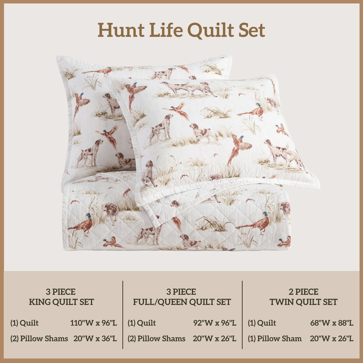 Paseo Road Hunt Life Cotton Quilt Set, 3 Piece Queen Bedding Set with Pillow Shams, White Brown Pheasant Hunting Dog Reversible Quilt Set, Soft Breathable Cozy Lightweight Quilt, Rustic Cabin Bedding