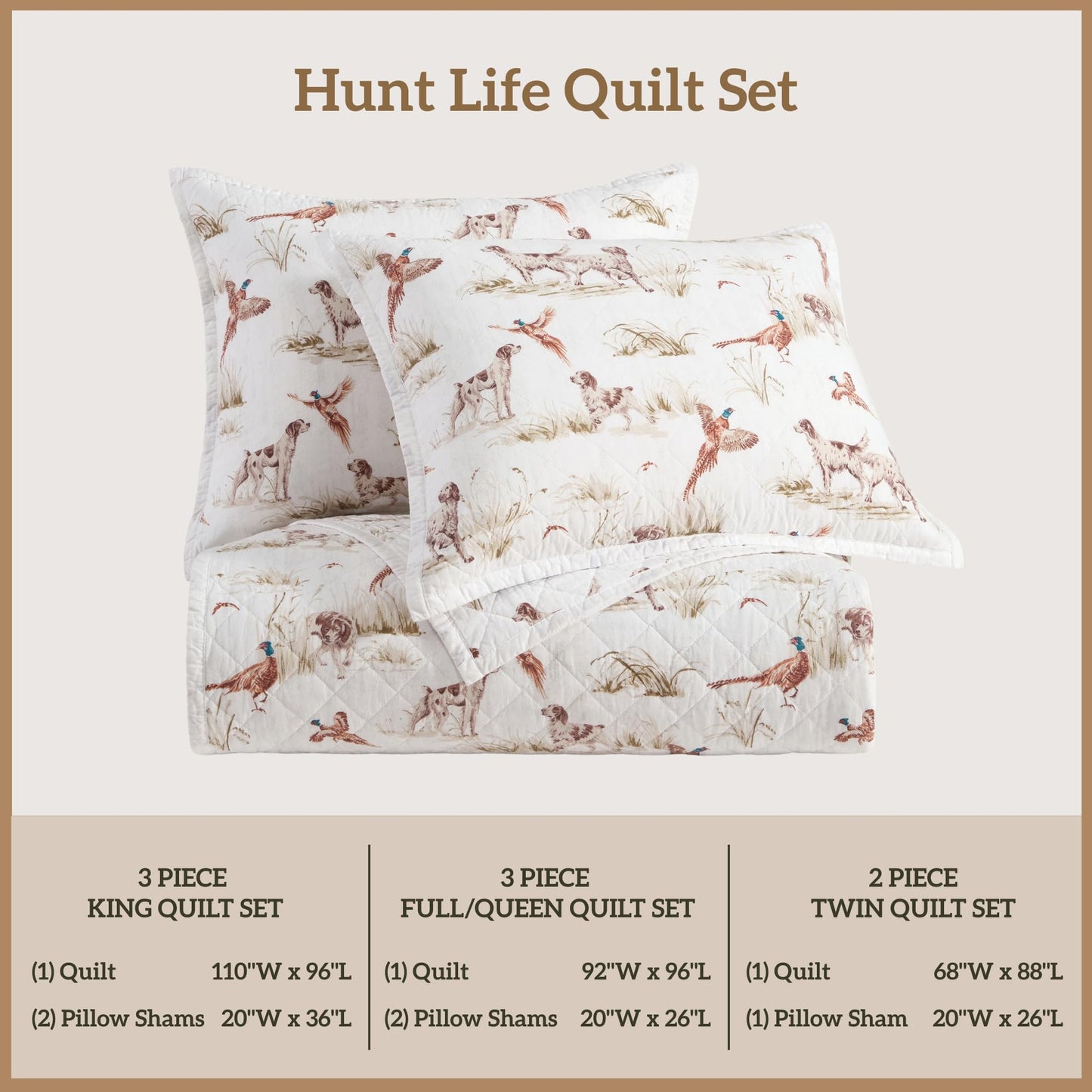 Paseo Road Hunt Life Cotton Quilt Set, 3 Piece King Bedding Set with Pillow Shams, White Brown Pheasant Hunting Dog Reversible Quilt Set, Soft Breathable Cozy Lightweight Quilt, Rustic Cabin Bedding