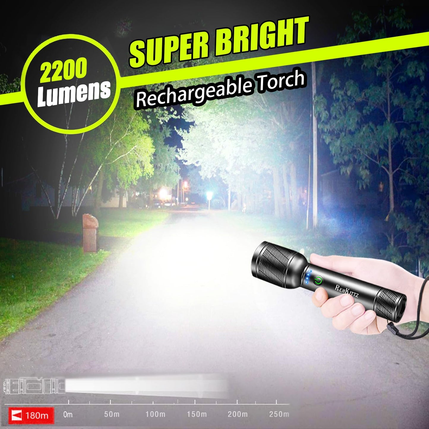 REHKITTZ Torch, LED Rechargeable Torches(Built-in Large Capacity Battery) High Lumen Super Bright Flashlight with Power Display,Long Working Time,Aluminum Alloy,5 Light Modes,Zoomable Torch(2 Pack)