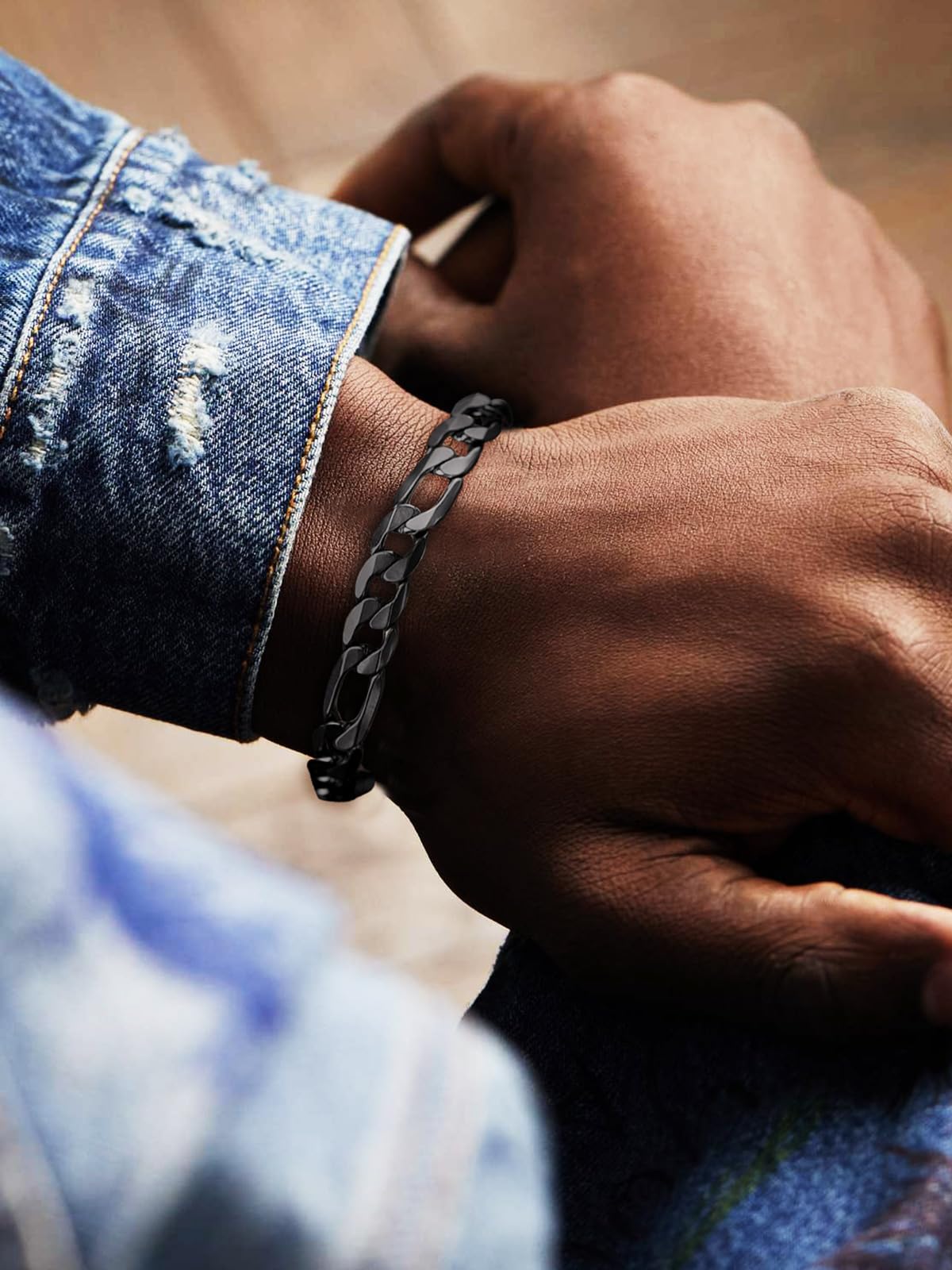 ChainsHouse Black Steel Bracelet Men and Womens 9mm 8.3/'' Punk Hip Hop Jewelry Stainless Steel Figaro Bracelets'' }