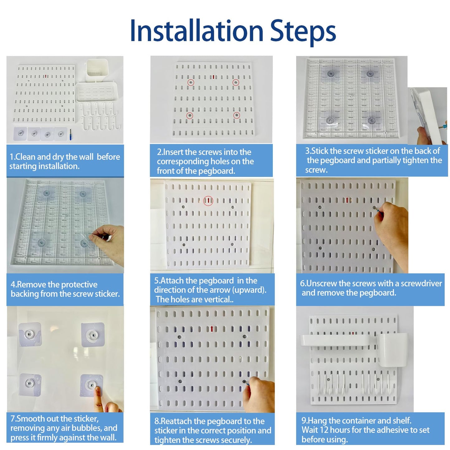 bizxdev Pegboard Wall Organizer Combination Kit,4 Pegboards with 48 Accessories For Kitchen, Bedroom, Bathroom, Game, and Office Storage. Nail-Free Installation(White 22” x 22”)