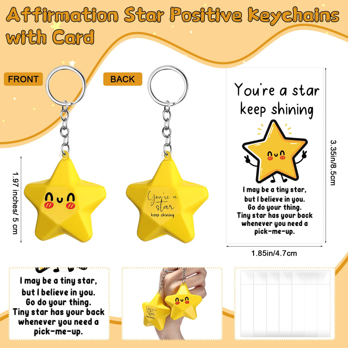 Wavwavw 36 Set Inspirational Gifts Star Keychain with You Are a Star Card Office Thank You Gift for Team Employee Coworkers (Yellow)