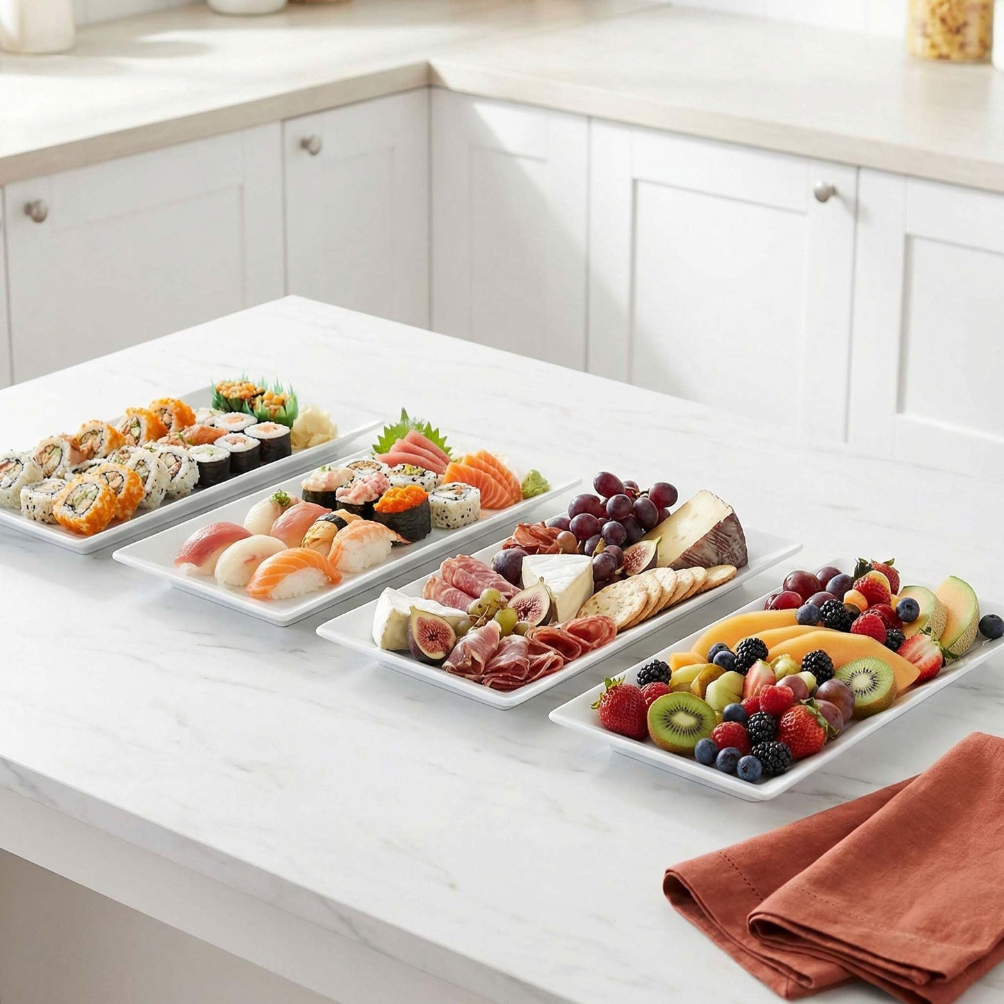 Feenmai 12" Serving Platters Set of 4, White Rectangular Plates, Ceramic Serving Tray, Stackable Large Party Plates for Appetizer, Dessert, Steak, Sushi, Housewarming Gift, Oven Dishwasher Safe