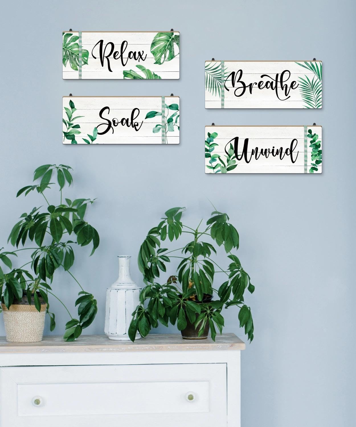 Putuo Decor Bathroom Wall Decors Relax Soak Breathe Unwind Wall Decor Set of 4, Botanical Bathroom Quote Wood Sign Panels, Spa Style Hanging Wall Art for Bathroom, Bedroom, Yoga Room, Apartment