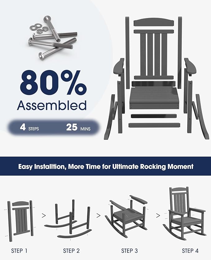 KINGYES HDPE Outdoor Rocking Chair, Widened Seat Patio Rocking Chair, Oversized All Weather Patio Rocker, Gray