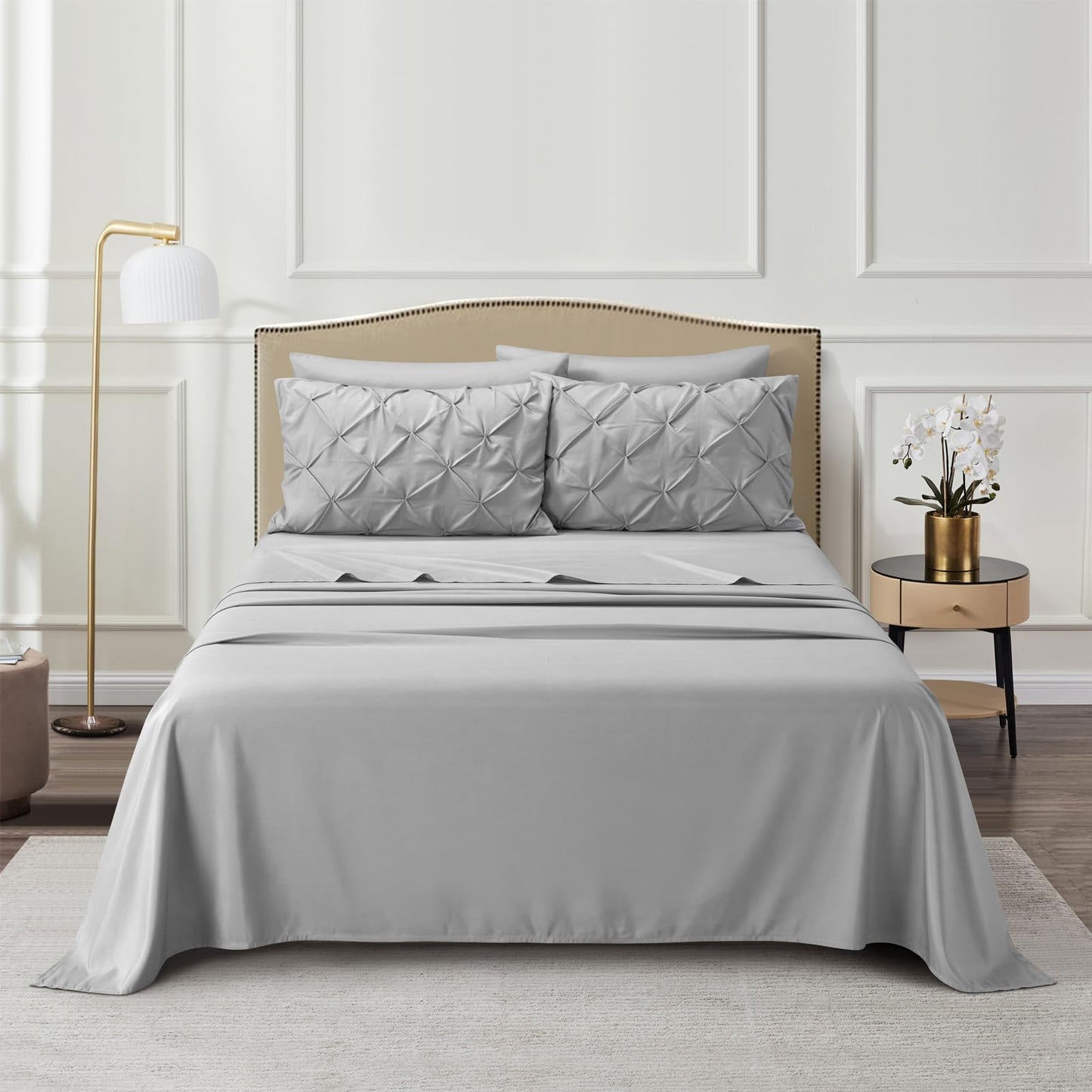 AiMay 6 PC Sheet Pillowcase Set Deep Pocket Double Brushed Microfiber Soft Durable Solid Color Wrinkle Free 1 Flat Sheet 1 Fitted Sheet 2 Pillowcases 2 Pinch Plated Pillowcases(Light Gray, Queen)