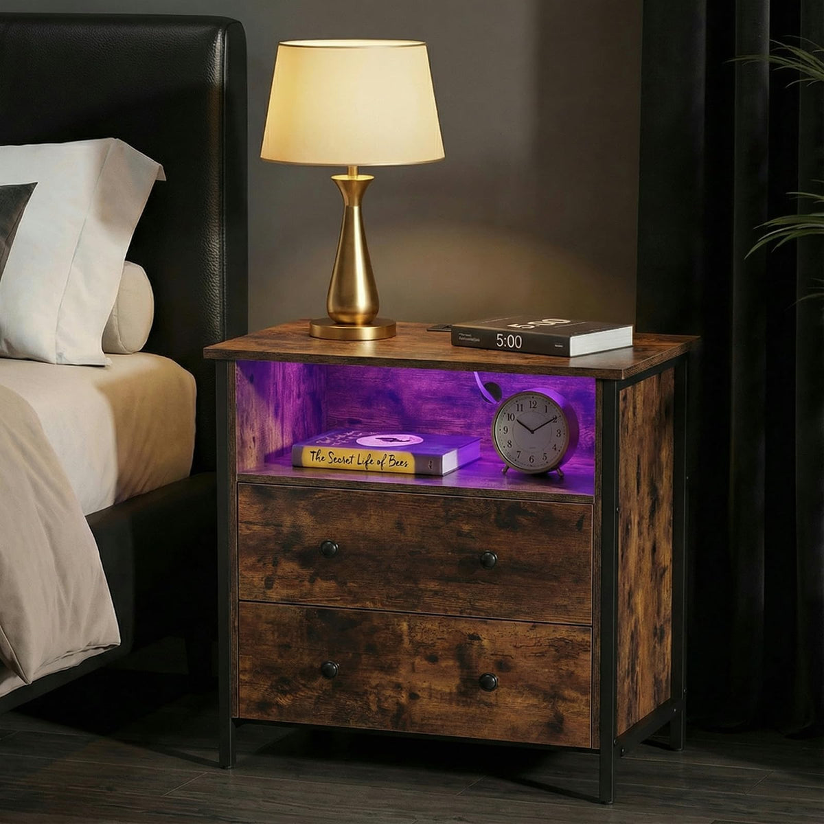 Tykacna 27 Inch Wide Night Stand, Large Wood Night Stand with 2 Drawers, LED Nightstand with Charging Station and Adjustable Drawer, Bedside Table for Living Room/Bedroom/Study/Office, Retro.