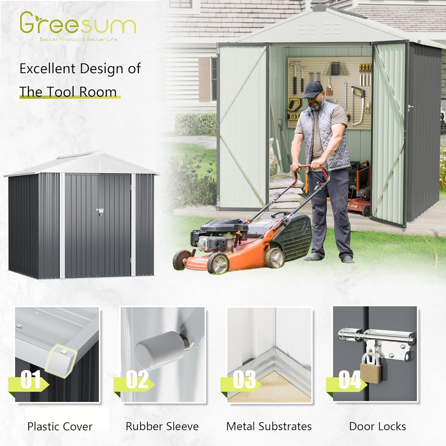 Greesum 6x4FT Outdoor Storage Shed, Utility Tool Shed Metal Storage Garden Shed with Door & Lock for Patio Storage, Gray