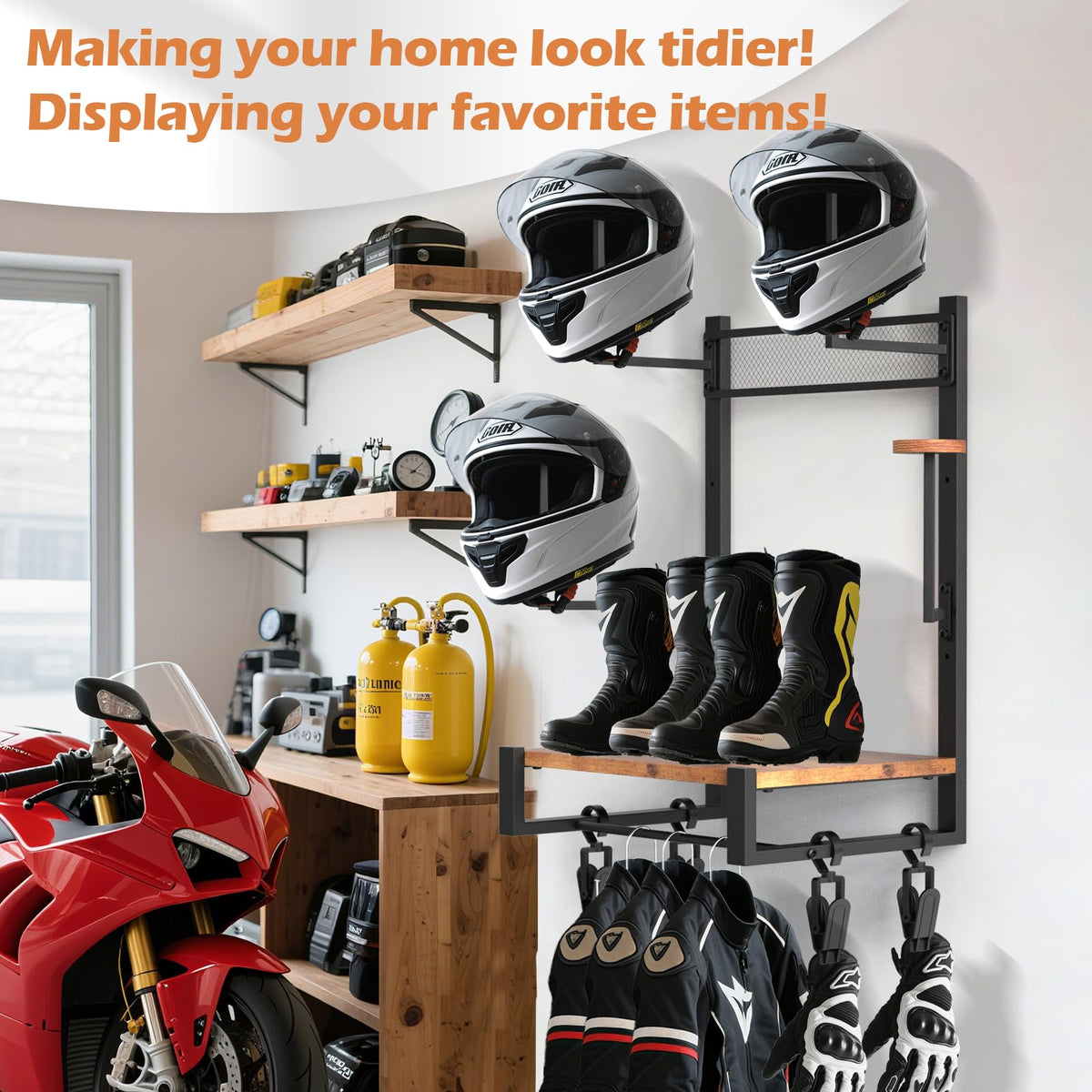 TheElves Motorcycle Helmet Holder Wall Mount, Heavy-Duty Helmet Rack with 4 Helmet Holder & 4 Glove Clips & 4 Hooks, Rustic Wooden Motorcycle Gear Storage Organizer for Helmets, Jackets, Accessories