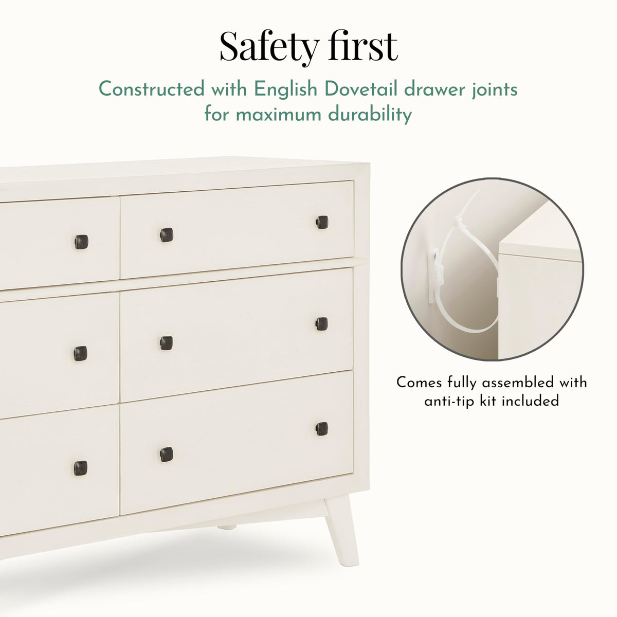 Evolur Loft Antilia Mid-Century Double Dresser in Vanilla Bean, 6 Spacious Drawers, Comes Fully Assembled, Included Anti-Tipping Kit, Wooden Nursery Furniture