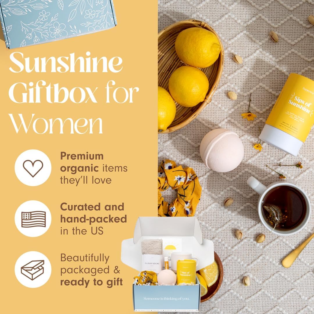 Unboxme Sunshine Spa Gift Basket for Women — Mother’s Day Gift Set with Tea, Mug, Bath Bomb & Socks | Self Care Package for Mom, Birthday, Get Well